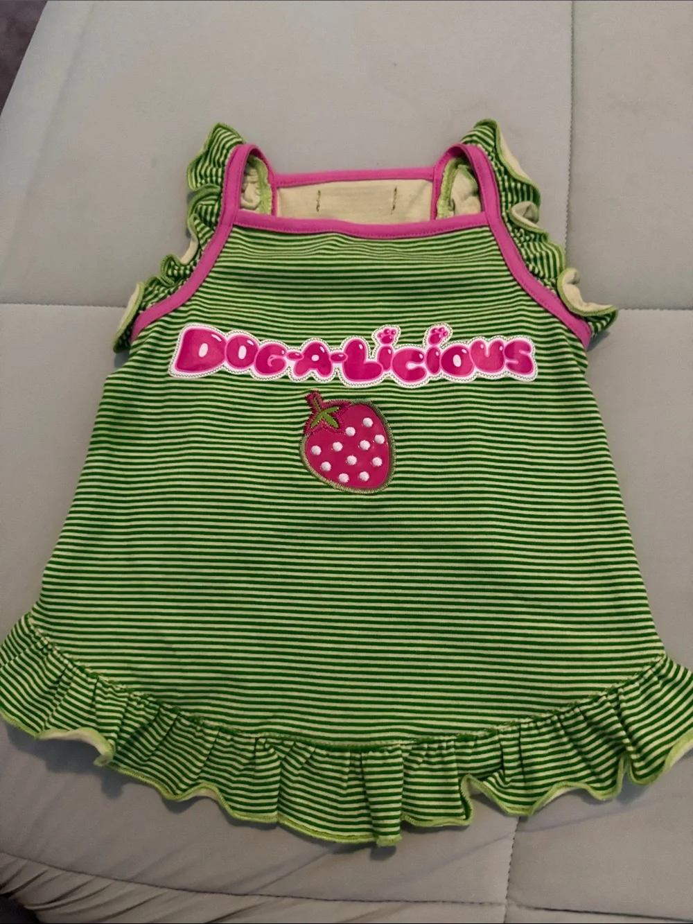 #0078 - Green & Pink Striped 'Dogalicious' Dog Dress